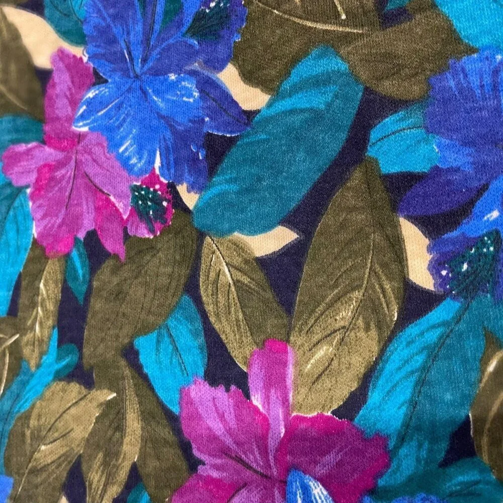 Vintage Fabric Tropical Floral Flowers Blue Fuchsia Teal Green 51